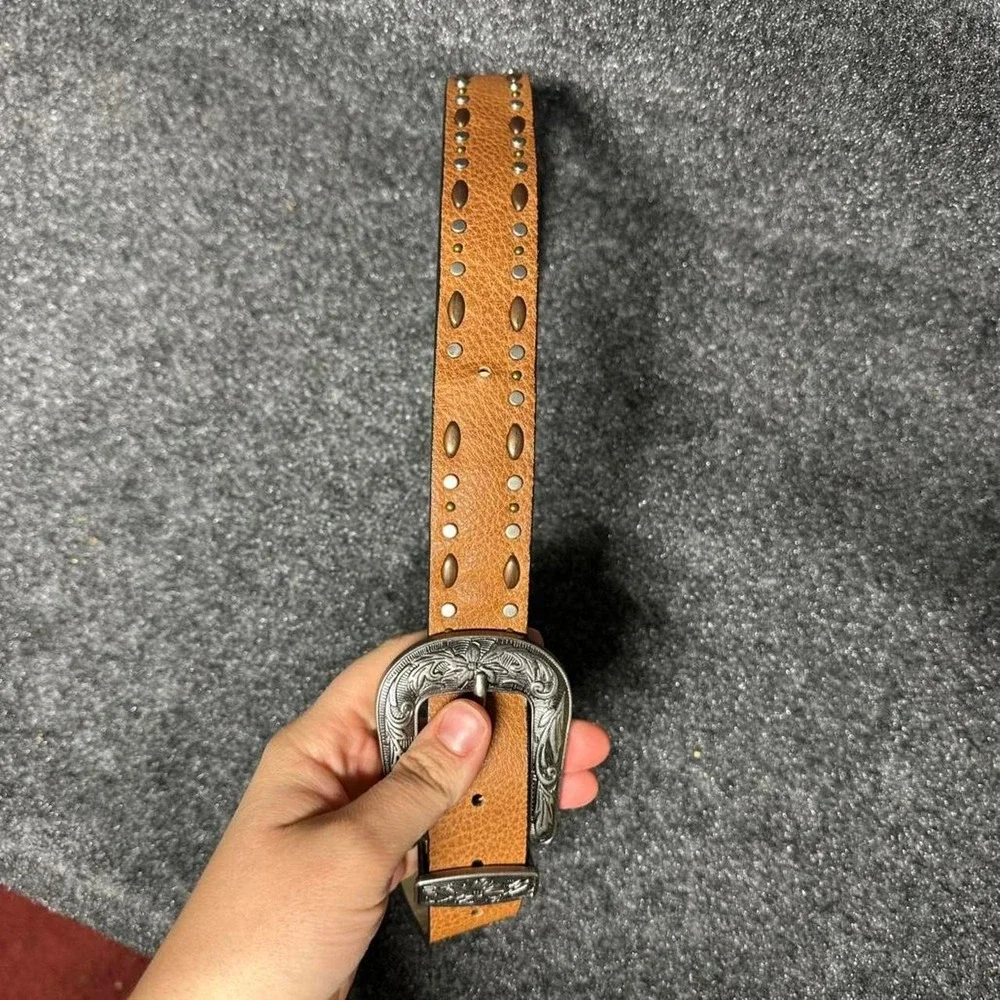 Vintage Unbranded Western Belt 39in Brown Studded Silver Engraved Buckle Cowgirl